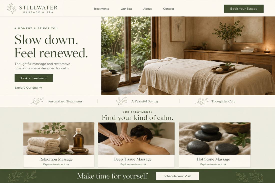 Homepage design concept for Stillwater Massage Spa